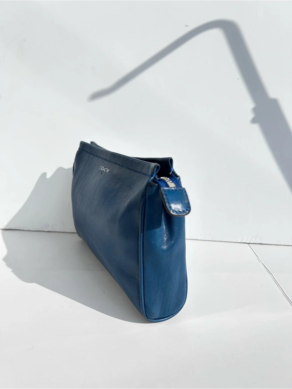 COACH New York Slate Blue Smooth Leather Tassel Clutch Pouch Wristlet Cosmetic